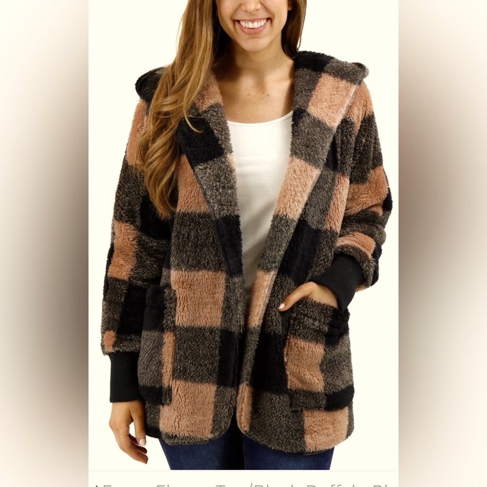 G&L Fuzzy Fleece Buffalo Plaid Wrap Jacket with Hood - NWT